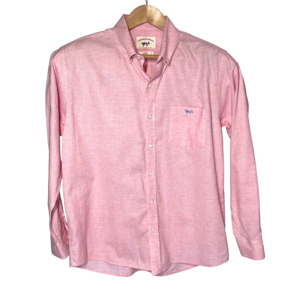 Coastal Coastal Men's Large Pink Linen‎ Blend Button Down Long Sleeve Shirt Logo